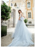Off Shoulder Gray Blue Satin Tulle Slit Wedding Dress